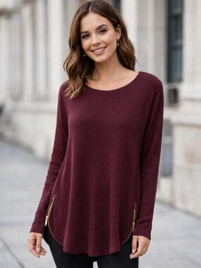 Michael Kors Perfectly Plum Tunic Sweater with Gold Zipper Pulls Size M